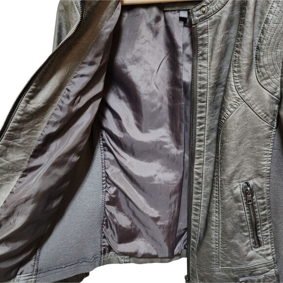 Sebby Moto Jacket Womens M Gray Faux Leather Ribbed Knit Full Zip Biker Rustic - Picture 7 of 15